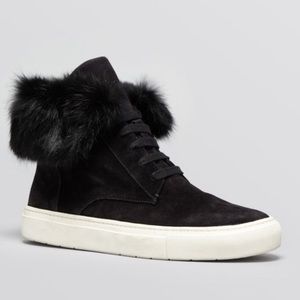 Vince Nyack Black Suede Rabbit Fur Trim Sneakers